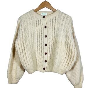 Vintage Borderglen Cable Knit Wool Cardigan Sweater Cream Brown Long Sleeve - M